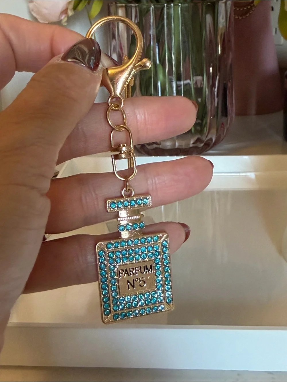 Parfum No.5 Gold-Tone Teal Crystal Pendant Keychain